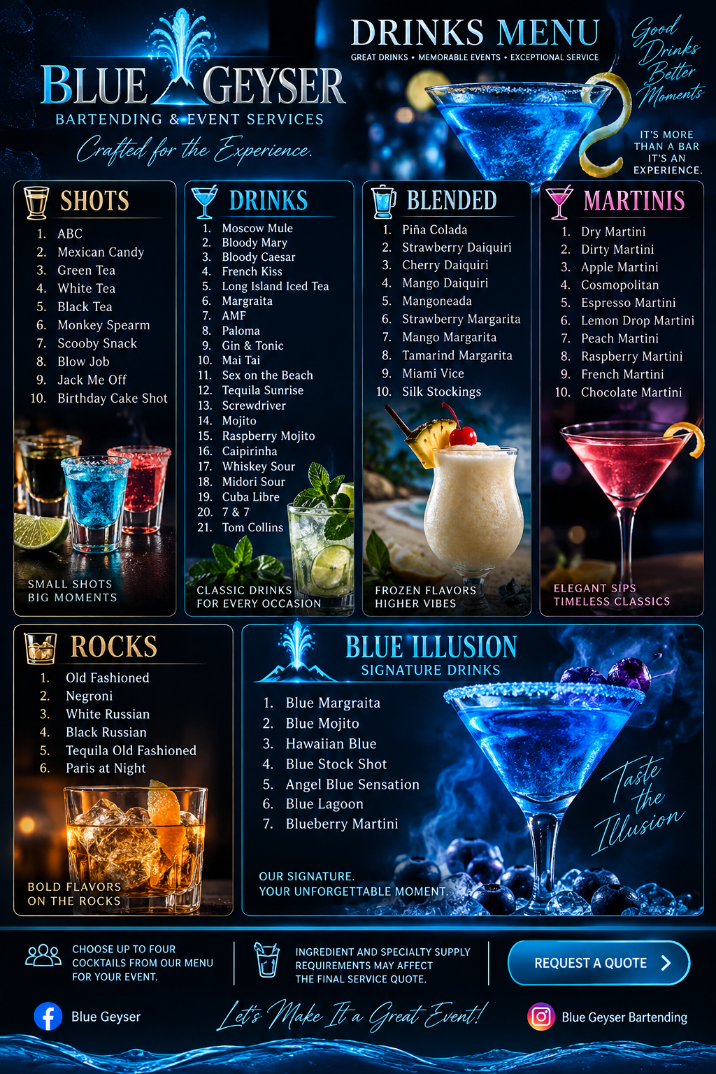 BLUE GEYSER Drinks Menu